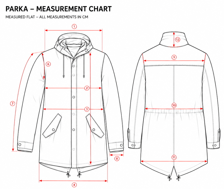 measurement chart with numbered measurement points